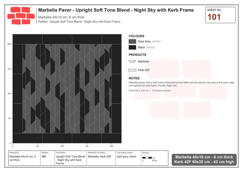 Interlock (Pasco) 40x10 cm · MAR-101 · Upright Soft Tone Blend - Night Sky with Kerb Frame · Laying plan Interlock (Pasco) 40x10 cm · MAR-101 · Upright Soft Tone Blend - Night Sky with Kerb Frame · Laying plan