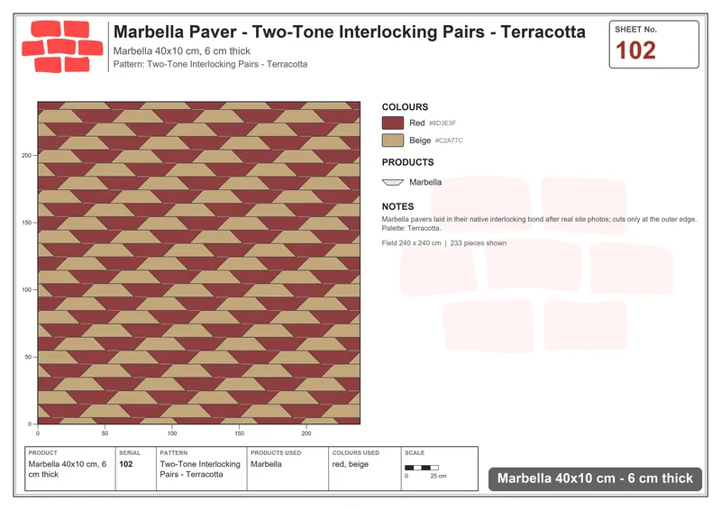Interlock (Pasco) 40x10 cm · MAR-102 · Two-Tone Interlocking Pairs - Terracotta · Laying plan Interlock (Pasco) 40x10 cm · MAR-102 · Two-Tone Interlocking Pairs - Terracotta · Laying plan