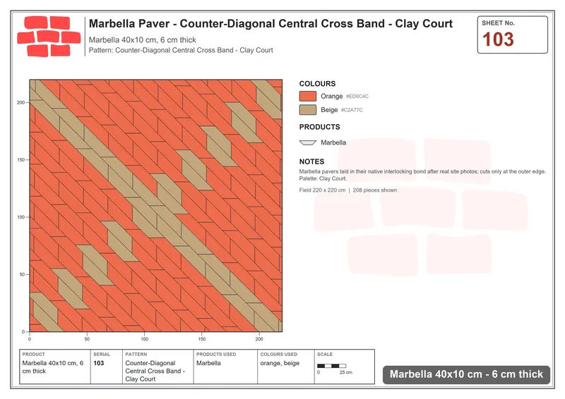 Interlock (Pasco) 40x10 cm · MAR-103 · Counter-Diagonal Central Cross Band - Clay Court · Laying plan Interlock (Pasco) 40x10 cm · MAR-103 · Counter-Diagonal Central Cross Band - Clay Court · Laying plan