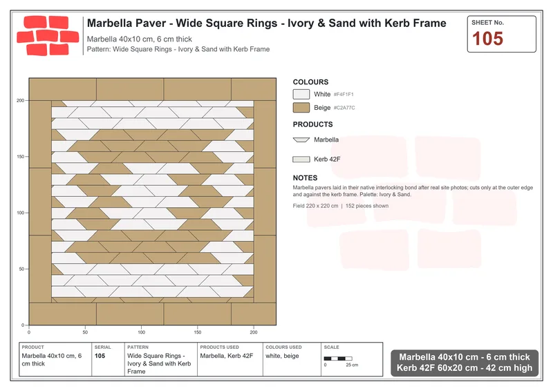 Interlock (Pasco) 40x10 cm · MAR-105 · Wide Square Rings - Ivory & Sand with Kerb Frame · Laying plan Interlock (Pasco) 40x10 cm · MAR-105 · Wide Square Rings - Ivory & Sand with Kerb Frame · Laying plan