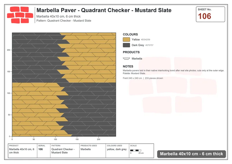 Interlock (Pasco) 40x10 cm · MAR-106 · Quadrant Checker - Mustard Slate · Laying plan Interlock (Pasco) 40x10 cm · MAR-106 · Quadrant Checker - Mustard Slate · Laying plan