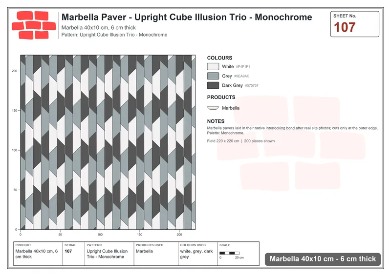 Interlock (Pasco) 40x10 cm · MAR-107 · Upright Cube Illusion Trio - Monochrome · Laying plan Interlock (Pasco) 40x10 cm · MAR-107 · Upright Cube Illusion Trio - Monochrome · Laying plan