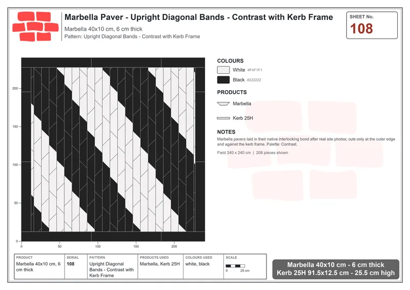 Interlock (Pasco) 40x10 cm · MAR-108 · Upright Diagonal Bands - Contrast with Kerb Frame · Laying plan Interlock (Pasco) 40x10 cm · MAR-108 · Upright Diagonal Bands - Contrast with Kerb Frame · Laying plan