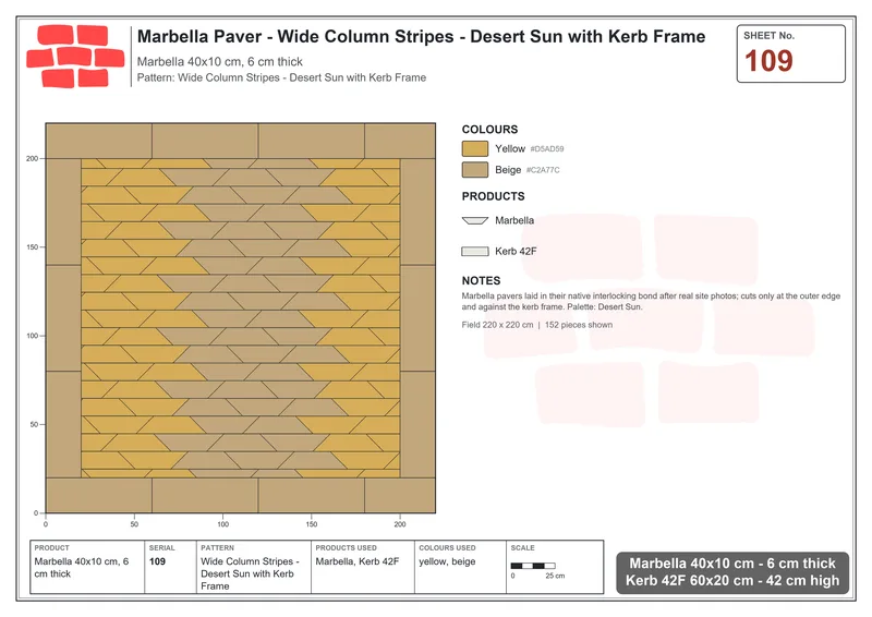 Interlock (Pasco) 40x10 cm · MAR-109 · Wide Column Stripes - Desert Sun with Kerb Frame · Laying plan Interlock (Pasco) 40x10 cm · MAR-109 · Wide Column Stripes - Desert Sun with Kerb Frame · Laying plan