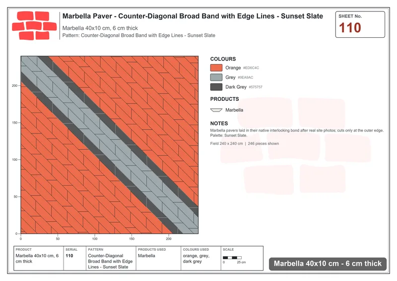 Interlock (Pasco) 40x10 cm · MAR-110 · Counter-Diagonal Broad Band with Edge Lines - Sunset Slate · Laying plan Interlock (Pasco) 40x10 cm · MAR-110 · Counter-Diagonal Broad Band with Edge Lines - Sunset Slate · Laying plan