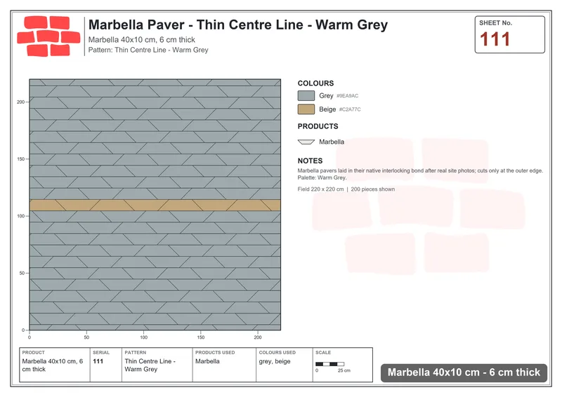 Interlock (Pasco) 40x10 cm · MAR-111 · Thin Centre Line - Warm Grey · Laying plan Interlock (Pasco) 40x10 cm · MAR-111 · Thin Centre Line - Warm Grey · Laying plan
