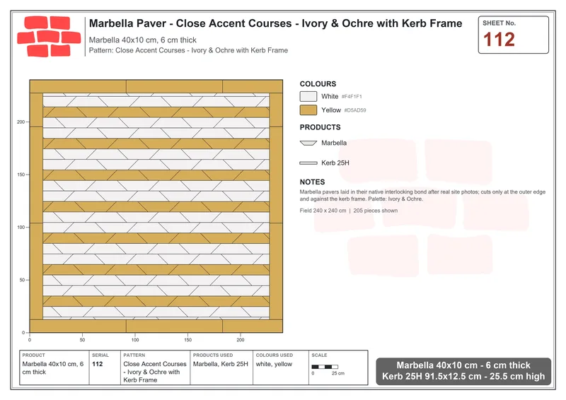 Interlock (Pasco) 40x10 cm · MAR-112 · Close Accent Courses - Ivory & Ochre with Kerb Frame · Laying plan Interlock (Pasco) 40x10 cm · MAR-112 · Close Accent Courses - Ivory & Ochre with Kerb Frame · Laying plan