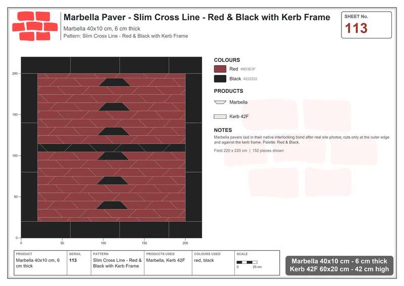 Interlock (Pasco) 40x10 cm · MAR-113 · Slim Cross Line - Red & Black with Kerb Frame · Laying plan Interlock (Pasco) 40x10 cm · MAR-113 · Slim Cross Line - Red & Black with Kerb Frame · Laying plan