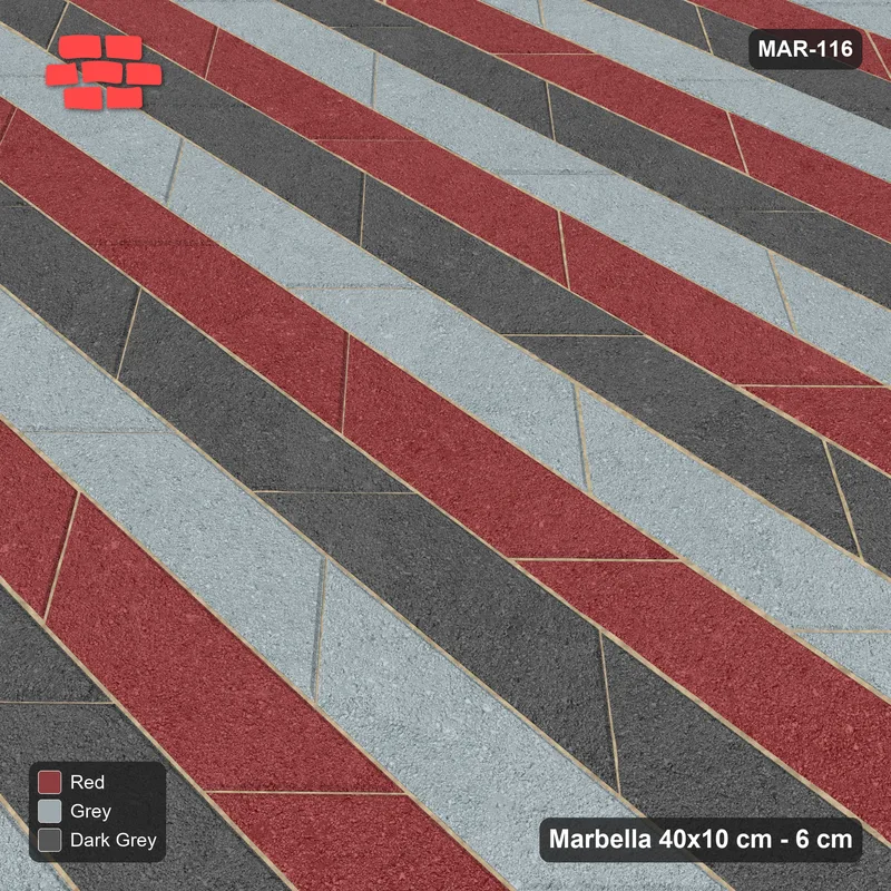 Interlock (Pasco) 40x10 cm · MAR-116 · Three-Tone Chevron Courses - Urban Brick with Kerb Frame · Side view Interlock (Pasco) 40x10 cm · MAR-116 · Three-Tone Chevron Courses - Urban Brick with Kerb Frame · Side view