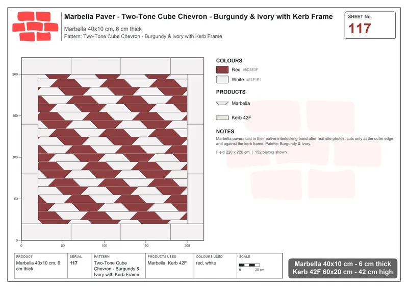Interlock (Pasco) 40x10 cm · MAR-117 · Two-Tone Cube Chevron - Burgundy & Ivory with Kerb Frame · Laying plan Interlock (Pasco) 40x10 cm · MAR-117 · Two-Tone Cube Chevron - Burgundy & Ivory with Kerb Frame · Laying plan
