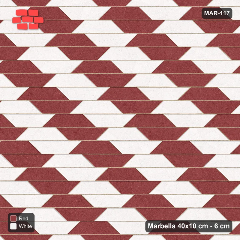Interlock (Pasco) 40x10 cm · MAR-117 · Two-Tone Cube Chevron - Burgundy & Ivory with Kerb Frame · Top view Interlock (Pasco) 40x10 cm · MAR-117 · Two-Tone Cube Chevron - Burgundy & Ivory with Kerb Frame · Top view