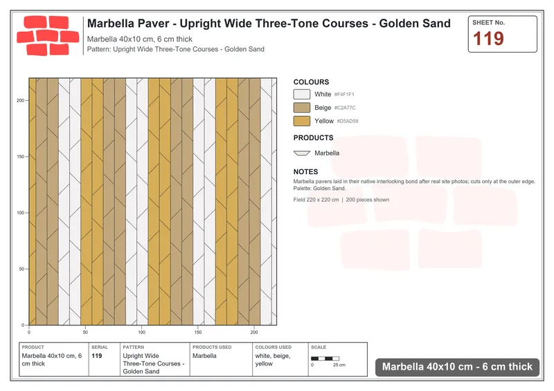 Interlock (Pasco) 40x10 cm · MAR-119 · Upright Wide Three-Tone Courses - Golden Sand · Laying plan Interlock (Pasco) 40x10 cm · MAR-119 · Upright Wide Three-Tone Courses - Golden Sand · Laying plan