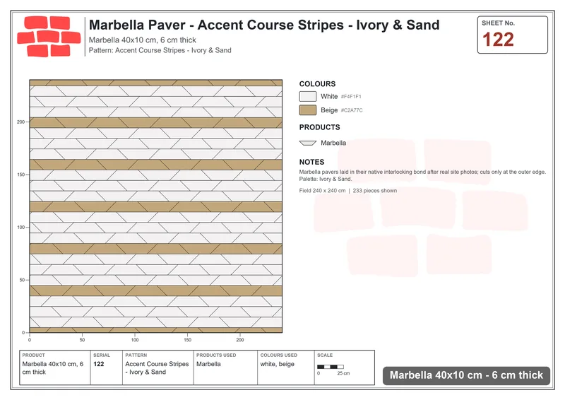 Interlock (Pasco) 40x10 cm · MAR-122 · Accent Course Stripes - Ivory & Sand · Laying plan Interlock (Pasco) 40x10 cm · MAR-122 · Accent Course Stripes - Ivory & Sand · Laying plan