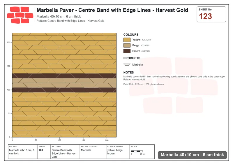 Interlock (Pasco) 40x10 cm · MAR-123 · Centre Band with Edge Lines - Harvest Gold · Laying plan Interlock (Pasco) 40x10 cm · MAR-123 · Centre Band with Edge Lines - Harvest Gold · Laying plan