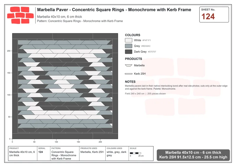 Interlock (Pasco) 40x10 cm · MAR-124 · Concentric Square Rings - Monochrome with Kerb Frame · Laying plan Interlock (Pasco) 40x10 cm · MAR-124 · Concentric Square Rings - Monochrome with Kerb Frame · Laying plan