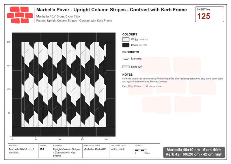 Interlock (Pasco) 40x10 cm · MAR-125 · Upright Column Stripes - Contrast with Kerb Frame · Laying plan Interlock (Pasco) 40x10 cm · MAR-125 · Upright Column Stripes - Contrast with Kerb Frame · Laying plan