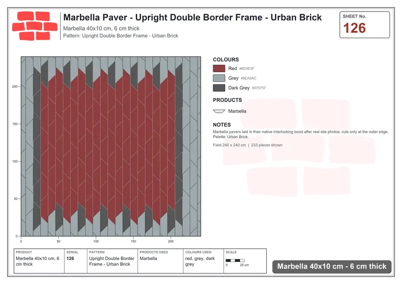 Interlock (Pasco) 40x10 cm · MAR-126 · Upright Double Border Frame - Urban Brick · Laying plan Interlock (Pasco) 40x10 cm · MAR-126 · Upright Double Border Frame - Urban Brick · Laying plan