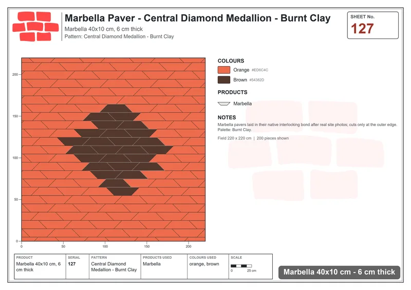 Interlock (Pasco) 40x10 cm · MAR-127 · Central Diamond Medallion - Burnt Clay · Laying plan Interlock (Pasco) 40x10 cm · MAR-127 · Central Diamond Medallion - Burnt Clay · Laying plan