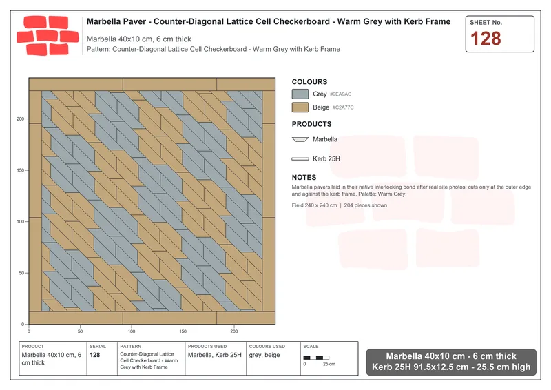 Interlock (Pasco) 40x10 cm · MAR-128 · Counter-Diagonal Lattice Cell Checkerboard - Warm Grey with Kerb Frame · Laying plan Interlock (Pasco) 40x10 cm · MAR-128 · Counter-Diagonal Lattice Cell Checkerboard - Warm Grey with Kerb Frame · Laying plan