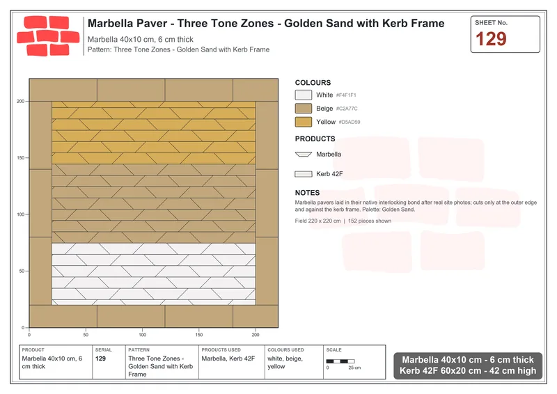 Interlock (Pasco) 40x10 cm · MAR-129 · Three Tone Zones - Golden Sand with Kerb Frame · Laying plan Interlock (Pasco) 40x10 cm · MAR-129 · Three Tone Zones - Golden Sand with Kerb Frame · Laying plan