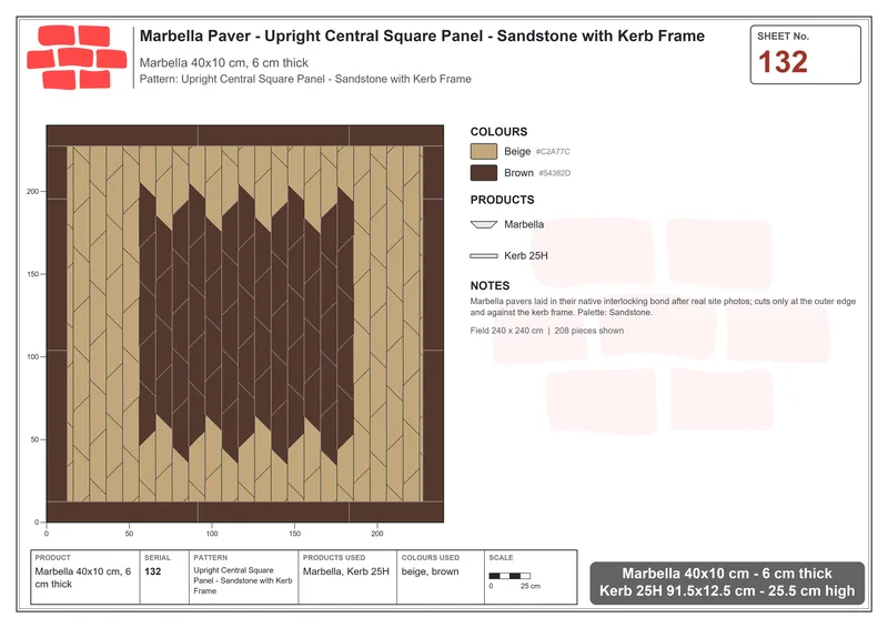 Interlock (Pasco) 40x10 cm · MAR-132 · Upright Central Square Panel - Sandstone with Kerb Frame · Laying plan Interlock (Pasco) 40x10 cm · MAR-132 · Upright Central Square Panel - Sandstone with Kerb Frame · Laying plan