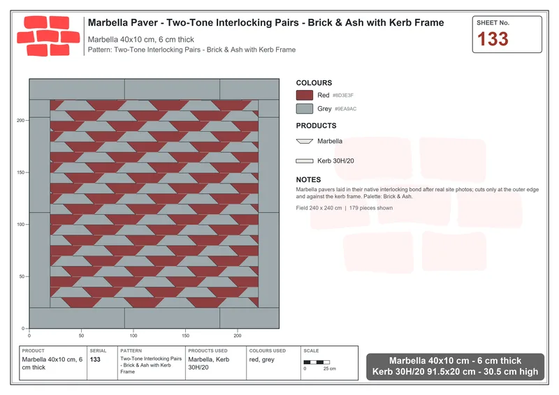 Interlock (Pasco) 40x10 cm · MAR-133 · Two-Tone Interlocking Pairs - Brick & Ash with Kerb Frame · Laying plan Interlock (Pasco) 40x10 cm · MAR-133 · Two-Tone Interlocking Pairs - Brick & Ash with Kerb Frame · Laying plan