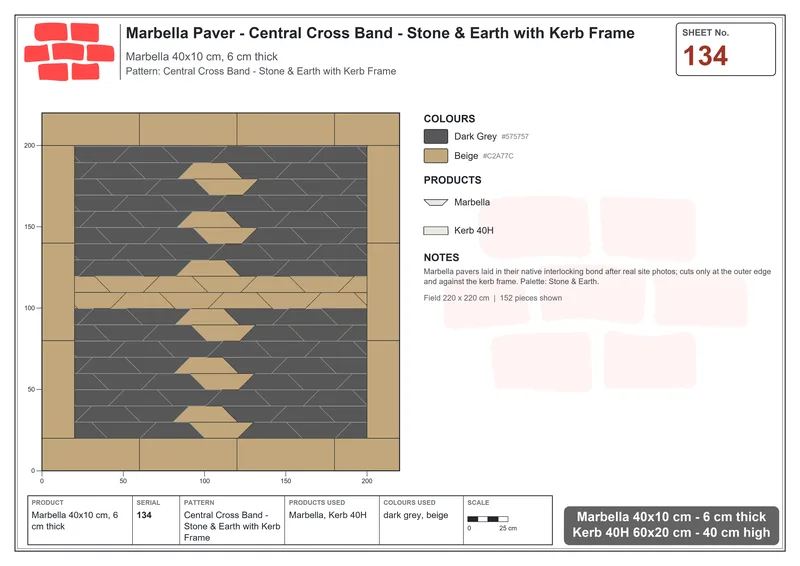Interlock (Pasco) 40x10 cm · MAR-134 · Central Cross Band - Stone & Earth with Kerb Frame · Laying plan Interlock (Pasco) 40x10 cm · MAR-134 · Central Cross Band - Stone & Earth with Kerb Frame · Laying plan