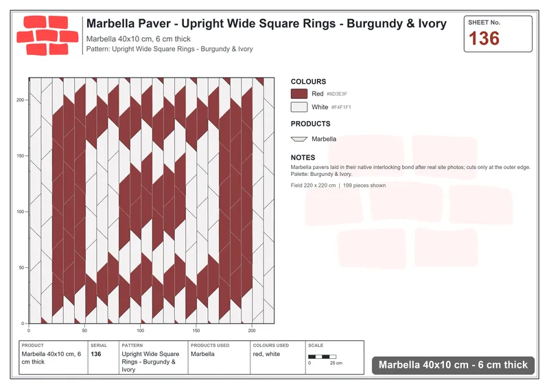 Interlock (Pasco) 40x10 cm · MAR-136 · Upright Wide Square Rings - Burgundy & Ivory · Laying plan Interlock (Pasco) 40x10 cm · MAR-136 · Upright Wide Square Rings - Burgundy & Ivory · Laying plan