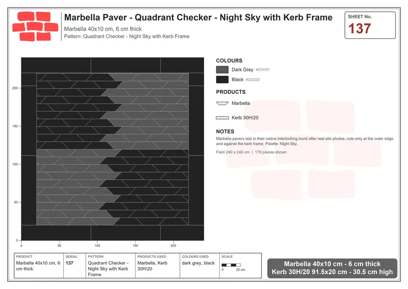 Interlock (Pasco) 40x10 cm · MAR-137 · Quadrant Checker - Night Sky with Kerb Frame · Laying plan Interlock (Pasco) 40x10 cm · MAR-137 · Quadrant Checker - Night Sky with Kerb Frame · Laying plan