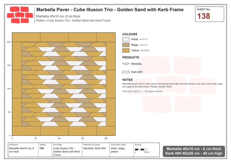 Interlock (Pasco) 40x10 cm · MAR-138 · Cube Illusion Trio - Golden Sand with Kerb Frame · Laying plan Interlock (Pasco) 40x10 cm · MAR-138 · Cube Illusion Trio - Golden Sand with Kerb Frame · Laying plan