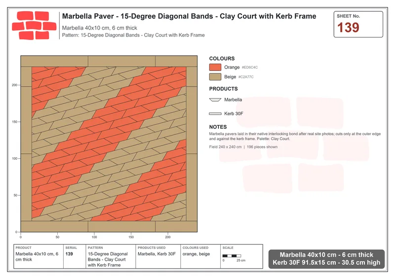 Interlock (Pasco) 40x10 cm · MAR-139 · 15-Degree Diagonal Bands - Clay Court with Kerb Frame · Laying plan Interlock (Pasco) 40x10 cm · MAR-139 · 15-Degree Diagonal Bands - Clay Court with Kerb Frame · Laying plan