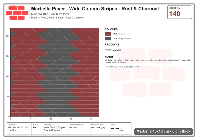Interlock (Pasco) 40x10 cm · MAR-140 · Wide Column Stripes - Rust & Charcoal · Laying plan Interlock (Pasco) 40x10 cm · MAR-140 · Wide Column Stripes - Rust & Charcoal · Laying plan