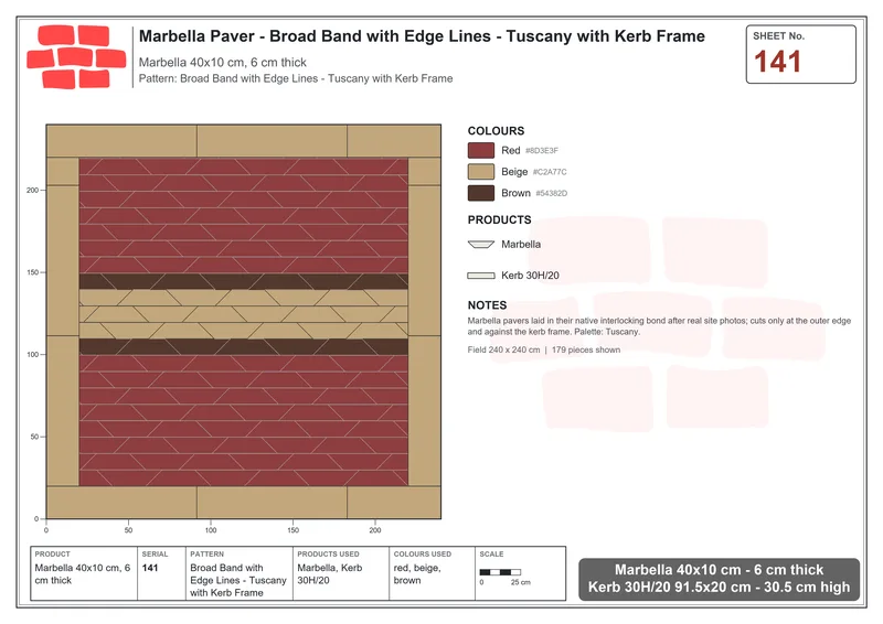Interlock (Pasco) 40x10 cm · MAR-141 · Broad Band with Edge Lines - Tuscany with Kerb Frame · Laying plan Interlock (Pasco) 40x10 cm · MAR-141 · Broad Band with Edge Lines - Tuscany with Kerb Frame · Laying plan