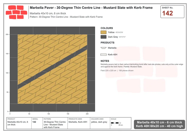Interlock (Pasco) 40x10 cm · MAR-142 · 30-Degree Thin Centre Line - Mustard Slate with Kerb Frame · Laying plan Interlock (Pasco) 40x10 cm · MAR-142 · 30-Degree Thin Centre Line - Mustard Slate with Kerb Frame · Laying plan