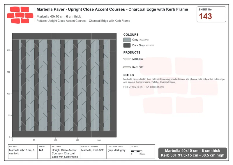 Interlock (Pasco) 40x10 cm · MAR-143 · Upright Close Accent Courses - Charcoal Edge with Kerb Frame · Laying plan Interlock (Pasco) 40x10 cm · MAR-143 · Upright Close Accent Courses - Charcoal Edge with Kerb Frame · Laying plan