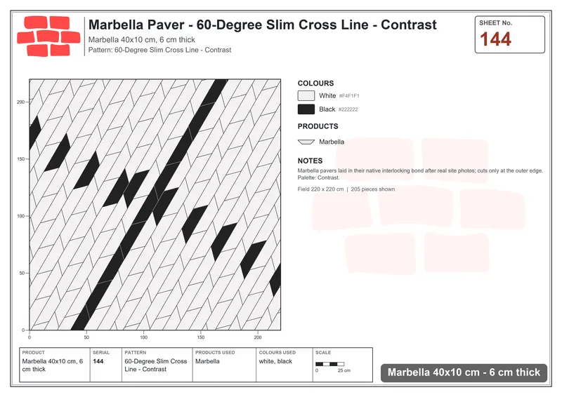 Interlock (Pasco) 40x10 cm · MAR-144 · 60-Degree Slim Cross Line - Contrast · Laying plan Interlock (Pasco) 40x10 cm · MAR-144 · 60-Degree Slim Cross Line - Contrast · Laying plan