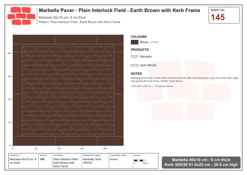 Interlock (Pasco) 40x10 cm · MAR-145 · Plain Interlock Field - Earth Brown with Kerb Frame · Laying plan Interlock (Pasco) 40x10 cm · MAR-145 · Plain Interlock Field - Earth Brown with Kerb Frame · Laying plan