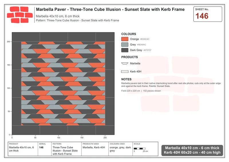 Interlock (Pasco) 40x10 cm · MAR-146 · Three-Tone Cube Illusion - Sunset Slate with Kerb Frame · Laying plan Interlock (Pasco) 40x10 cm · MAR-146 · Three-Tone Cube Illusion - Sunset Slate with Kerb Frame · Laying plan
