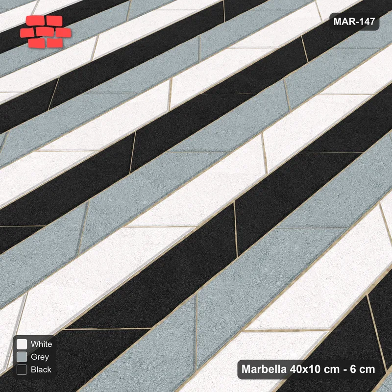 Interlock (Pasco) 40x10 cm · MAR-147 · Upright Three-Tone Chevron Courses - Tuxedo with Kerb Frame · Side view Interlock (Pasco) 40x10 cm · MAR-147 · Upright Three-Tone Chevron Courses - Tuxedo with Kerb Frame · Side view