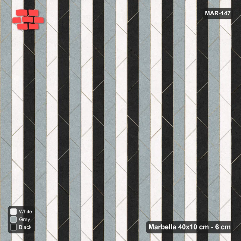 Interlock (Pasco) 40x10 cm · MAR-147 · Upright Three-Tone Chevron Courses - Tuxedo with Kerb Frame · Top view Interlock (Pasco) 40x10 cm · MAR-147 · Upright Three-Tone Chevron Courses - Tuxedo with Kerb Frame · Top view