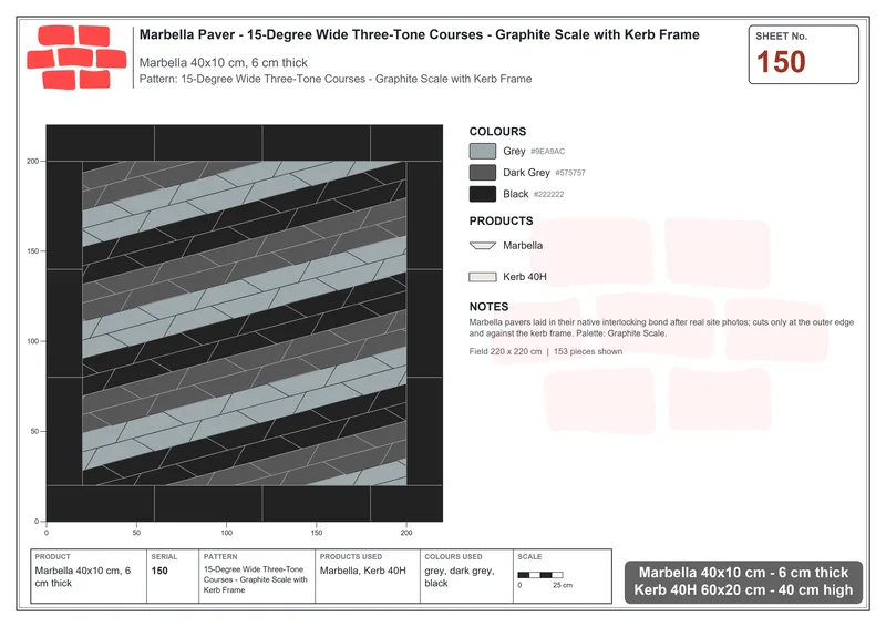 Interlock (Pasco) 40x10 cm · MAR-150 · 15-Degree Wide Three-Tone Courses - Graphite Scale with Kerb Frame · Laying plan Interlock (Pasco) 40x10 cm · MAR-150 · 15-Degree Wide Three-Tone Courses - Graphite Scale with Kerb Frame · Laying plan