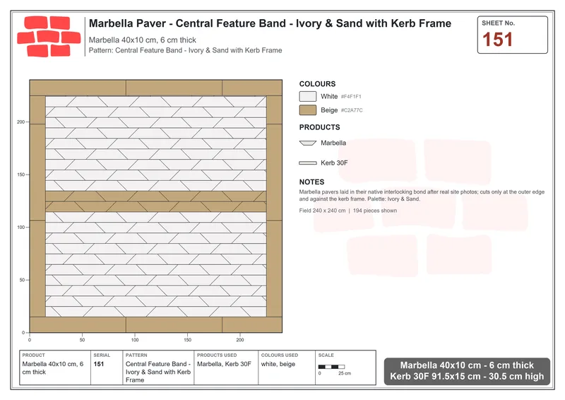 Interlock (Pasco) 40x10 cm · MAR-151 · Central Feature Band - Ivory & Sand with Kerb Frame · Laying plan Interlock (Pasco) 40x10 cm · MAR-151 · Central Feature Band - Ivory & Sand with Kerb Frame · Laying plan