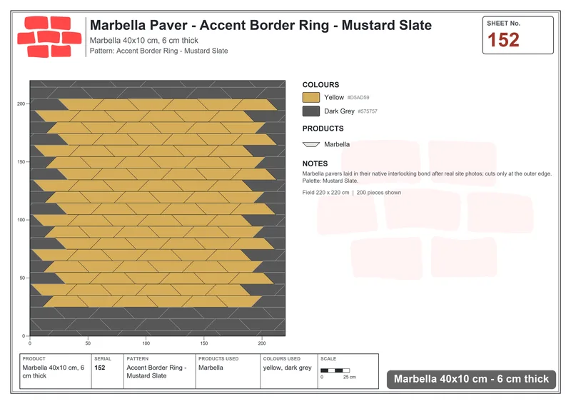 Interlock (Pasco) 40x10 cm · MAR-152 · Accent Border Ring - Mustard Slate · Laying plan Interlock (Pasco) 40x10 cm · MAR-152 · Accent Border Ring - Mustard Slate · Laying plan