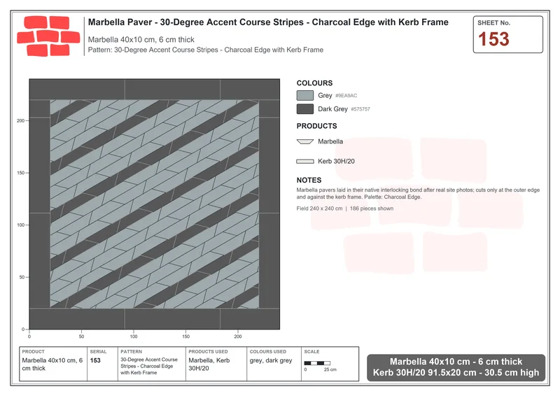 Interlock (Pasco) 40x10 cm · MAR-153 · 30-Degree Accent Course Stripes - Charcoal Edge with Kerb Frame · Laying plan Interlock (Pasco) 40x10 cm · MAR-153 · 30-Degree Accent Course Stripes - Charcoal Edge with Kerb Frame · Laying plan