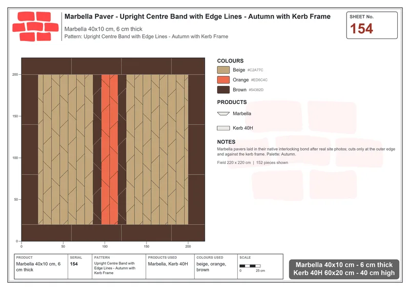Interlock (Pasco) 40x10 cm · MAR-154 · Upright Centre Band with Edge Lines - Autumn with Kerb Frame · Laying plan Interlock (Pasco) 40x10 cm · MAR-154 · Upright Centre Band with Edge Lines - Autumn with Kerb Frame · Laying plan