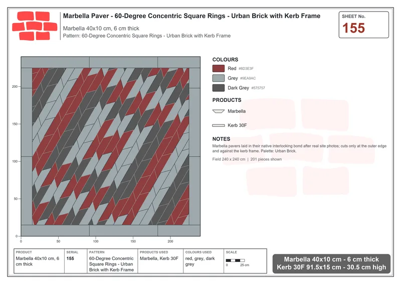 Interlock (Pasco) 40x10 cm · MAR-155 · 60-Degree Concentric Square Rings - Urban Brick with Kerb Frame · Laying plan Interlock (Pasco) 40x10 cm · MAR-155 · 60-Degree Concentric Square Rings - Urban Brick with Kerb Frame · Laying plan