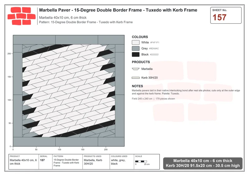 Interlock (Pasco) 40x10 cm · MAR-157 · 15-Degree Double Border Frame - Tuxedo with Kerb Frame · Laying plan Interlock (Pasco) 40x10 cm · MAR-157 · 15-Degree Double Border Frame - Tuxedo with Kerb Frame · Laying plan