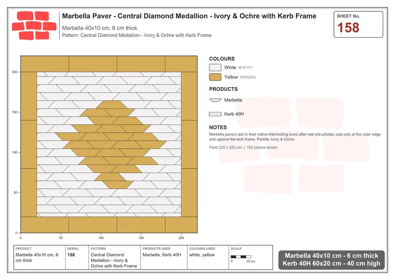 Interlock (Pasco) 40x10 cm · MAR-158 · Central Diamond Medallion - Ivory & Ochre with Kerb Frame · Laying plan Interlock (Pasco) 40x10 cm · MAR-158 · Central Diamond Medallion - Ivory & Ochre with Kerb Frame · Laying plan