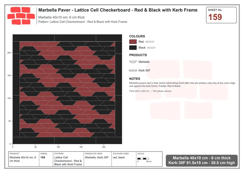 Interlock (Pasco) 40x10 cm · MAR-159 · Lattice Cell Checkerboard - Red & Black with Kerb Frame · Laying plan Interlock (Pasco) 40x10 cm · MAR-159 · Lattice Cell Checkerboard - Red & Black with Kerb Frame · Laying plan
