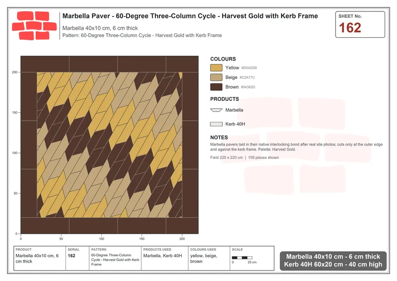Interlock (Pasco) 40x10 cm · MAR-162 · 60-Degree Three-Column Cycle - Harvest Gold with Kerb Frame · Laying plan Interlock (Pasco) 40x10 cm · MAR-162 · 60-Degree Three-Column Cycle - Harvest Gold with Kerb Frame · Laying plan